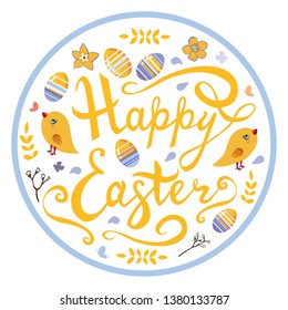 vector set with birds, eggs, flowers, palm-trees, lettering  isolate on white for seasonal spring design