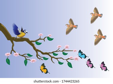 Vector set of birds, flowers and butterflies