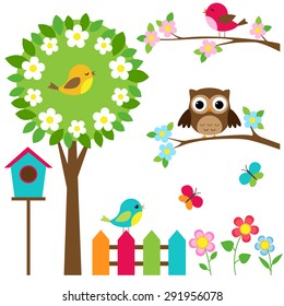 Vector set of birds, flowers and butterflies