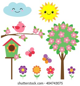 Vector set of birds, flowers, butterflies and blooming tree