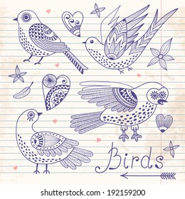 Vector set birds and hearts. Hand drawn elements for design.
