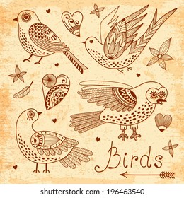Vector set birds and hearts. Hand drawn elements for design.