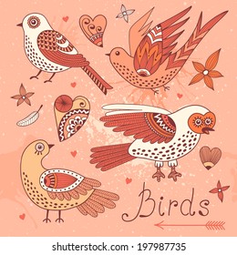 Vector set birds and hearts. Hand drawn elements for design.