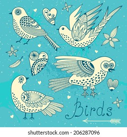 Vector set birds and hearts. Hand drawn elements for design.