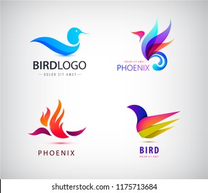 Vector set of birds logos, phoenix icons isolated. Abstract identity