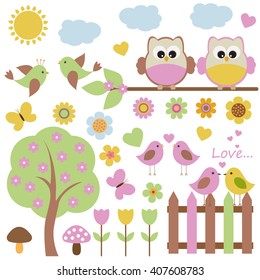 Vector set with birds. Love owls and other birds sitting on the tree, the fence and in flight among plants and flowers.