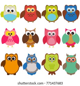 Vector set of birds. Owls of different types and colors.