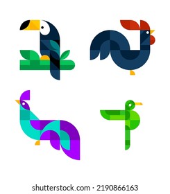 Conjunto vectorial de aves con formas geométricas minimalistas simples. Plantilla de tocan, gallo, faisán, colibrí. Mosaico colorido de cuadrado, rectángulo, círculo. Ilustración abstracta plana aislada.