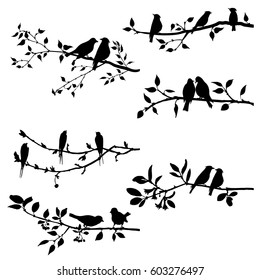 vector set of birds at trees silhouettes, hand drawn songbirds at branches, isolated vector elements