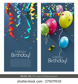 Vector set of birthday banners with colorful confetti and balloons