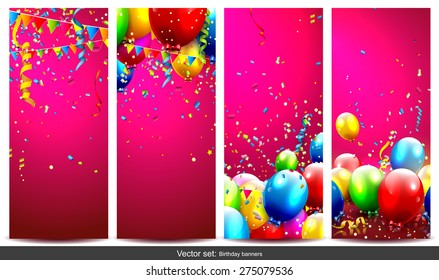Vector set of birthday banners with colorful confetti and balloons