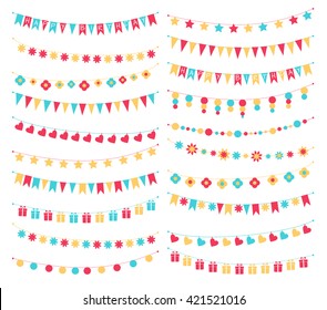 Vector set of birthday buntings and garlands. Cute colorful festive garlands with flags, stars, flowers, hearts