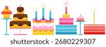 Vector set of birthday cakes illustration on white background. Colorful and festive design elements for party invitation, greeting card, dessert menu, celebration poster, banner or bakery decoration
