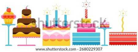 Vector set of birthday cakes illustration on white background. Colorful and festive design elements for party invitation, greeting card, dessert menu, celebration poster, banner or bakery decoration