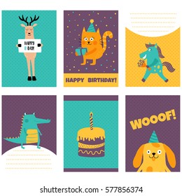 vector set of birthday cards with funny animals
