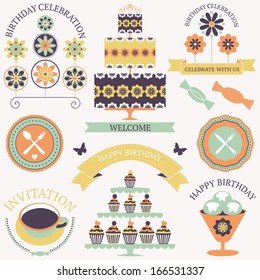 Vector set of birthday celebration  icons in vintage colors with artistic flowers.