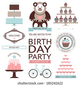 Vector set of birthday celebration icons in vintage colors with artistic elements.