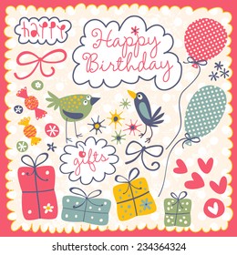 Vector set for a birthday. Cheerful set with birds, gifts, balloons and other decorations.
