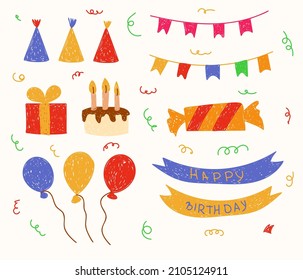 Vector establecido para cumpleaños. Dibujos coloreados de decoraciones, tartas, banderas. Conjunto de iconos vectoriales aislados