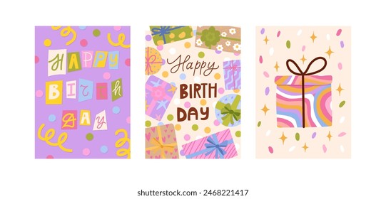 Vector conjunto de tarjetas de felicitación de cumpleaños. Feliz cumpleaños letra de mano. Estilo de dibujos animados. Anuncios de fiesta con cajas de regalo aisladas sobre fondo blanco