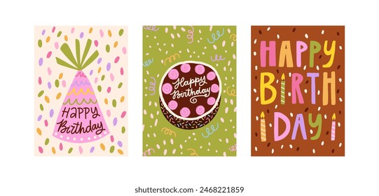 Vector set of Birthday greeting cards. Happy Birthday hand lettering. Cartoon style. Party banners isolated on white background. Birthday cake, candles, hat