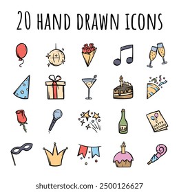 Vector set of birthday, holidays, event, parties icons. Hand drawn signs and symbols for design, website, application.