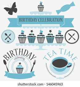 Vector set of birthday  icons in blue colors.