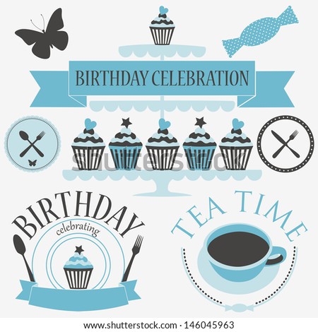 Vector set of birthday  icons in blue colors.