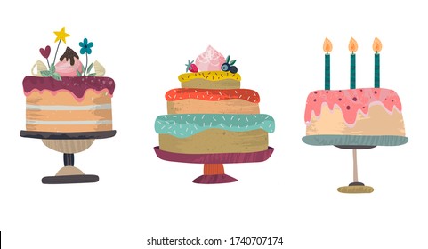 Vector set of Birthday party celebration cakes. Collection of three delicious beautiful sweet baked cakes with glaze isolated on white.