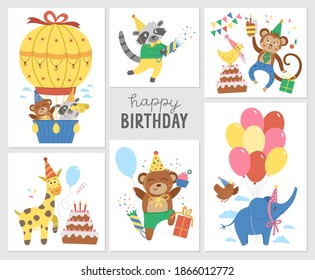 Vector set of Birthday party compositions with cute animals. Holiday background designs for banners, posters, invitations. Festive card templates with funny characters, presents, balloons
