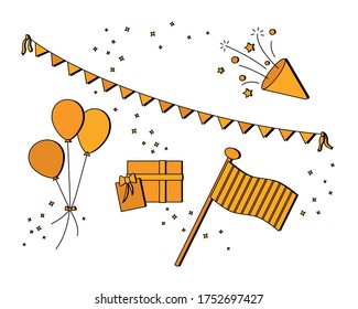 Conjunto de vectores de elementos de decoración de cumpleaños y fiesta - iconos amarillos anaranjados
