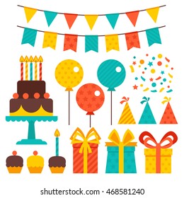 Vector set of birthday party elements. Gifts, cake, garland, and other elements of the party. Birthday concept.
