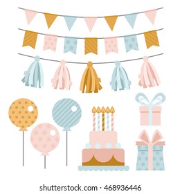 Vector set of birthday party elements. Gifts, cake, garland, and other elements of the party. Birthday concept.