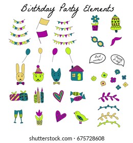  a vector set of birthday party elements; sketched, doodle, hand drawn style, a cartoon illustration