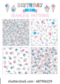 Vector set of birthday seamless patterns. Gift, birthday hat, balloon, cupcake, music note and drink. 80s-90s style design. Stickers, patches, embroidery and sticky labels.
