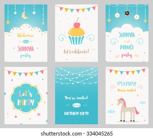 Vector Set of Birthday and Sleepover Kids Party Invitations.