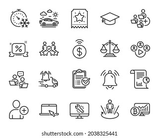 Vector set of Bitcoin chart, Justice scales and Augmented reality line icons set. Portable computer, Teamwork and Graduation cap icons. Monitor repair, Contactless payment and Report signs. Vector
