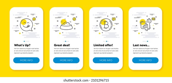 Vector set of Bitcoin, Dog feeding and Yummy smile line icons set. UI phone app screens with line icons. Statistics timer icon. Cryptocurrency coin, Pets bowl, Emoticon. Growth chart. Vector