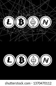 Vector set Bitcoin Ethereum Litecoin cryptocurrency black silhouette