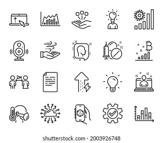 Vector set of Bitcoin graph, Best manager and Consolidation line icons set. 3d app, Document and Education icons. Cloud network, Sick man and Energy growing signs. Bitcoin graph web symbol. Vector