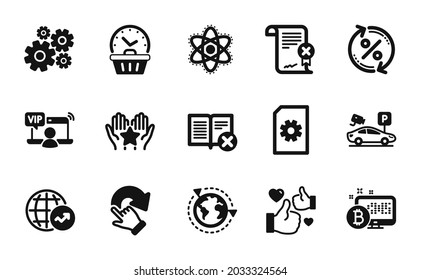 Vector set of Bitcoin system, Reject certificate and Chemistry atom icons simple set. Reject book, Loan percent and Ranking icons. Parking security, Cogwheel and Rotation gesture signs. Vector