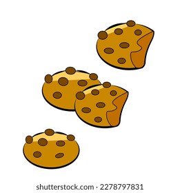 Vector Set of Bitten Cookies Isolated on White Background. Traditional cookies with chocolate chips. Vector illustration in cartoon style.