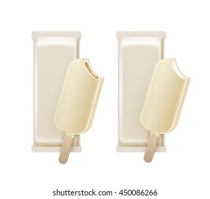 Vector Set of Bitten Popsicle Choc-ice Lollipop Ice Cream in White Chocolate Glaze on Stick with Filling with White Plastic Foil Wrapper for Branding Package Design Close up Isolated Background