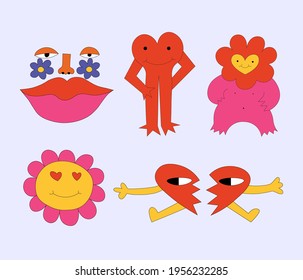 conjunto vectorial de personajes bizarros de monstruos. Hippies valentinos abstractos románticos.Colas de hongos en el estilo de los años 60 y 70. Animales extraños psicodélicos.Plantillas de tatuajes rosados a mano libre.extraterrestres locos