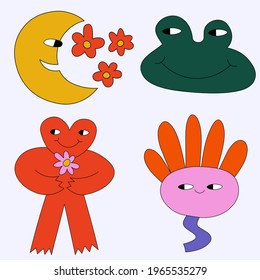 vector set of bizarre monsters characters.Romantic abstract valentine hippies.Funky groove stickers in the 60s and 70s style. Psychedelic strange animals and flower.Hand drawn pink tattoo templates.