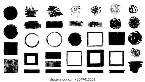 Vector set with black abstract vector shapes, brushes, square frames, round creative shapes, blots, graphic design elements for package and product design 