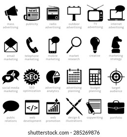 Vector Set of Black Advertising Icons. Types of Advertisement.