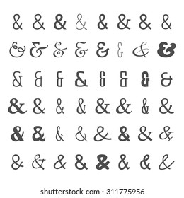 Vector set of black ampersands icons on white background. Isolated symbols from different fonts. For letters and wedding invitation