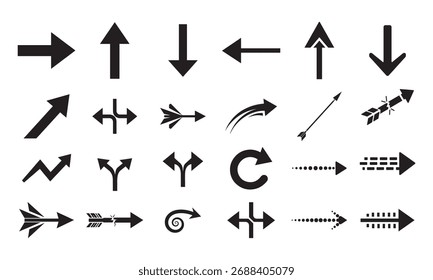 Vektorsatz mit schwarzen Pfeilsymbolen für Richtungs-, Navigations-, Bewegungs-, Beschilderungs- und Fortschrittsanzeiger