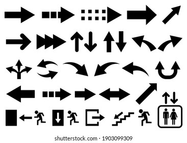 Vector set of black arrow shapes and icon isolated on white.